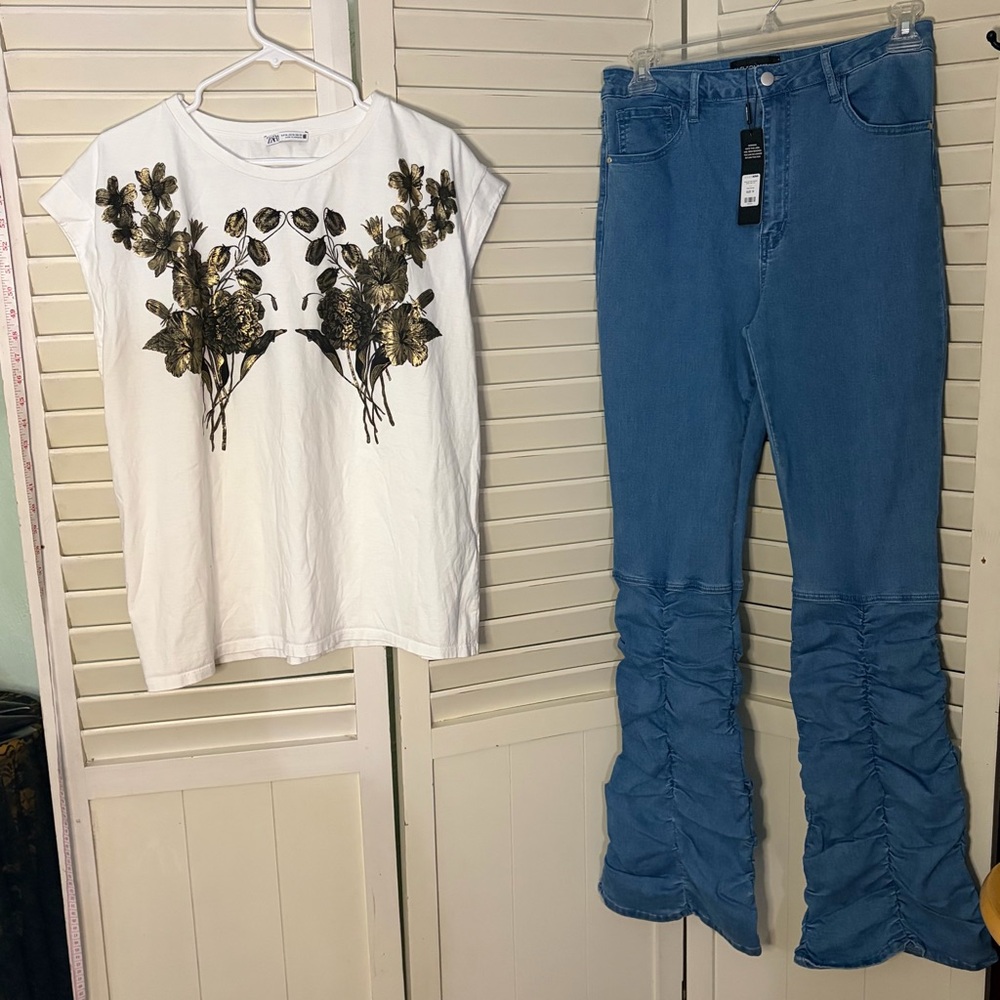 Two piece PREMIUM outfit including NWT Fashion Nova stacked jeans and Zara top